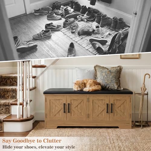 Farmhouse Shoe Storage Bench with Cushion - 43.3" Entryway Bench with Storage & 4 Barn Doors, 2-Tier Wooden Shoe Rack Bench, Shoe Cabinet & Mudroom Bench for Bedroom Hallway Living Room, Brown Oak - color: Greige