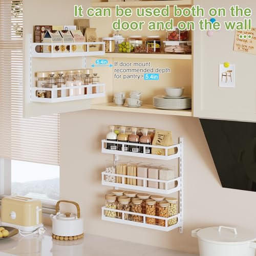 X-cosrack Wall Mount Spice Rack Organizer 5 Tier Height-Adjustable Hanging Spice Shelf Storage for Kitchen Pantry Cabinet Door, Dual-Use Seasoning Holder Rack with Hooks, White - color: White, size: 5x 4.6"D