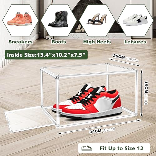 2 Pack Drop Front Acrylic Shoe Boxes with Magnetic Door Fit US Size 12, Clear Stackable Shoe Organizer for Closet, Entryway, Underbed, Multiple Display Cases for Hats, Figures, Sneakers - size: Medium Size 12