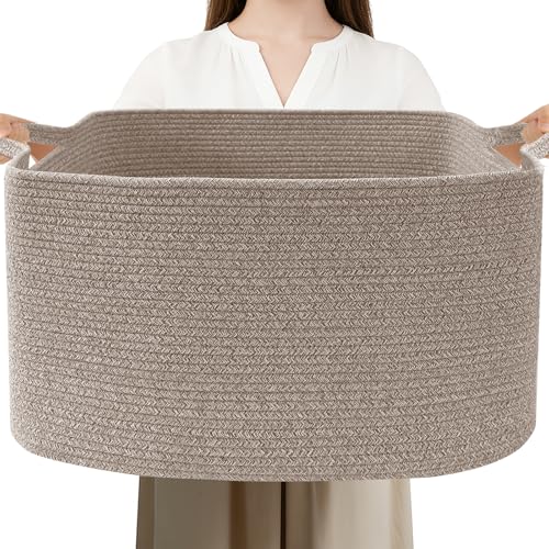 Large Blanket Basket,Woven Rope Basket Storage Bin with Handles,65L Rectangle Laundry Basket for Magazines,Toys,Clothes,Newspaper Shelf Organization,Nursery and Living Room,Brown - color: Brown, size: 21"x16"x12"(65L)