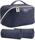 BOYATU Travel Makeup Bags Cosmetic Organizer Bag: 3 Pcs Set Large Capacity Make up Bag with Compartments - Waterproof Leather Toiletry Bags with Handle for Women (A-Dard Blue) - color: A-Dard Blue