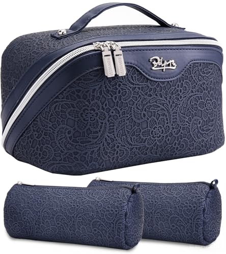 BOYATU Travel Makeup Bags Cosmetic Organizer Bag: 3 Pcs Set Large Capacity Make up Bag with Compartments - Waterproof Leather Toiletry Bags with Handle for Women (A-Dard Blue) - color: A-Dard Blue