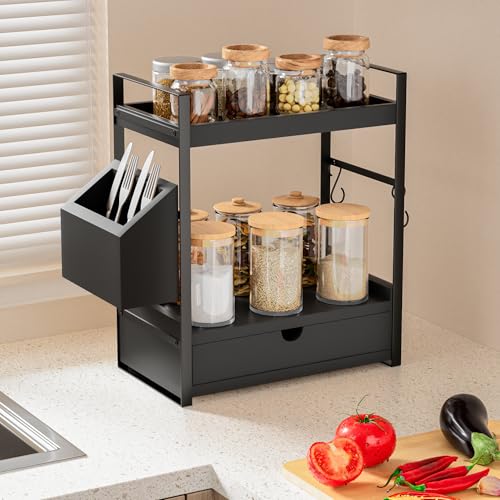 Kottwca 2-Tier Bathroom Counter Organizer with Drawer, Basket & Hooks, Wooden Vanity Shelf for Skincare, Perfume & Makeup Storage(Black) - color: Black