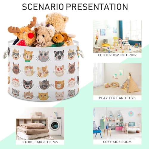 Cat Face Print Round Storage Basket Cute Kitten Large Laundry Hamper 20 x 20 x 14 Inches Organizer Bin with Cotton Rope Handles Clothes Storage Bag for Nursery Bedroom Living Room Decor - color: White