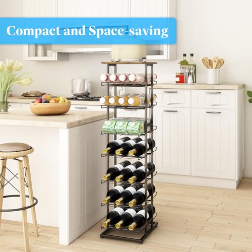 GILLAS 8 Tier with Wooden Top Water Bottle Storage with Wooden Tabletop,Metal Beverage Can Rack,Large Capacity Bottled Rack Water Bottle Holder Stand for Cabinet,Countertop Kitchen,Party,Black - size: 8 Tier With Wooden Top