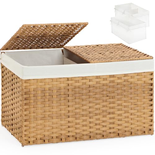 SETVSON Storage Basket with Lid Rattan Storage Basket with 2 Separate Lid, 27.8 Gallon (105 L) 25.2 * 15.4 * 16.1 Inches Woven Wicker Baskets with 2 Liners and Handles for Bedroom Laundry-Natural - color: Natural, size: 105L-25.2L*15.4W*16.1H