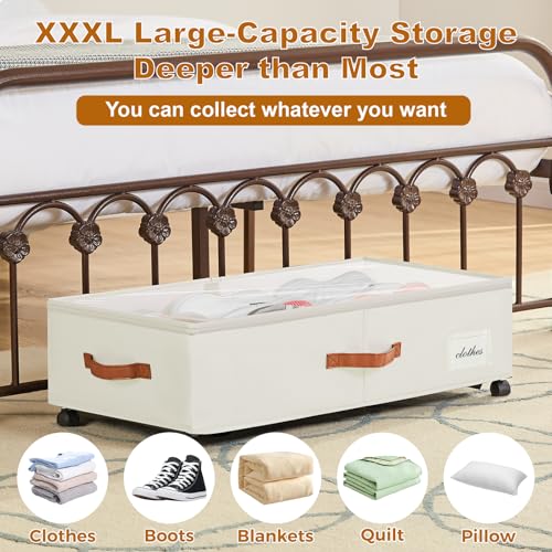 Under Bed Storage Containers with Wheels 9.5 inches Higher Under Bed Storage XXXL Underbed Shoes Blankets Clothes Storage Organizer 2 Pack Under the Bed Storage for College Dorms Bedroom Nursery Rooms - color: Beige