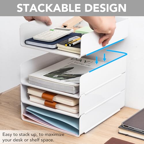 Tiawudi Desk Organizer, Office Organization and Storage, Plastic Letter Tray, Stackable File Organizer for Classroom, Home, Documents, Notes, Folders, Books and Pens, 4 Tier - color: White