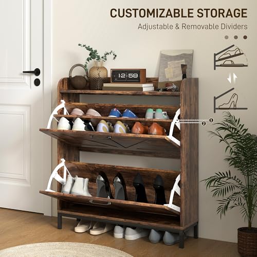 HOMCOM Shoe Storage Cabinet with 2 Flip Drawers, Legs, Farmhouse Freestanding Narrow Shoe Cabinet, Slim Hidden Rack Organizer for Entryway, Hallway, Rustic Brown Wood Grain - color: Rustic Brown