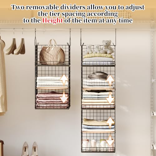 Yuyetuyo 5 Tier Closet Hanging Organizer and Storage Separable Hanging Closet Shelves with 4 Hooks 2 Adjustable Dividers, Wire Storage Basket Bins for Clothing Sweaters Socks Dolls Handbags, Foldable - color: Black, size: 5-Tier