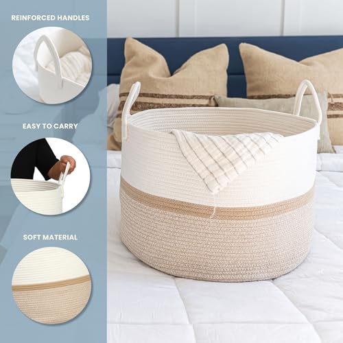 OrganiHaus Large Woven Storage Basket for Blankets and Toys 20" x 13" Inch, Rope Laundry Basket with Handles, Cushions & Pillows Storage Bin, Nursery Hamper, Soft Round Dog Toy Bin - Honey Stripe - color: Striped Honey, size: Wide