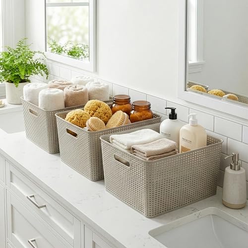 BINO | Plastic Storage Baskets, 45 Liter - 2 Pack, Natural Grey | THE WOVEN COLLECTION | Storage Basket for Shelves | Woven Storage Baskets for Organizing Bins | Pantry Shelf Organizer | Container Bin - color: Natural Grey, size: 45L | 2-Pack