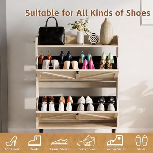 VDNEND Shoe Storage Cabinet for Entryway with 2 Flip Drawers，Narrow Wood Shoe Cabinet with Soild Wood Legs，Freestanding Hidden Shoe Organizer for Foyer, Hallway (1, White Oak) - color: White Oak
