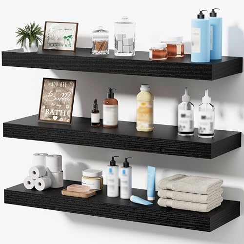 Floating Shelves for Wall, Bathroom Shelves Over Toilet, Wall Shelves & Book Shelf for Room, Hanging Shelf, Modern Wooden Mounted Floating Shelves, 24x7x1.5 in (Black, Set of 3) - color: Black, size: 24"(set of 3)