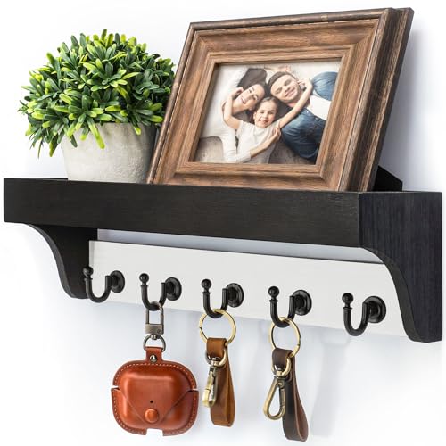 Rebee Vision Key Holder Wall Mount with Shelf - Decorative 2-Color Key Rack with 5 Rustic Key Hooks and Primitive Wood Mail Organizer Wall Mount - Modern Farmhouse Entryway Decor (Black & White) - color: Black&White