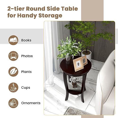 GOFLAME 2-Tier Round End Table, 18” Sofa Side Table with Storage Shelf, Floor Tea Table with Solid Wood Legs, Compact Nightstand for Small Space, Living Room, Bedroom, Espresso - color: Espresso