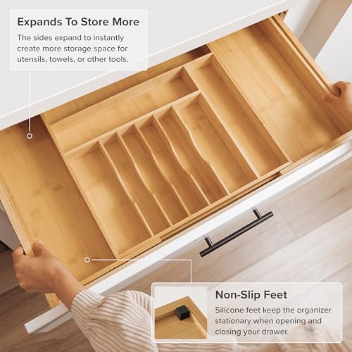 KitchenEdge Premium Silverware, Flatware and Utensil Organizer for Kitchen Drawers, Food-Safe Contract Grade, Expandable from 18 to 33 In, Natural Bamboo - color: Natural Bamboo, size: From 18" to 33" wide