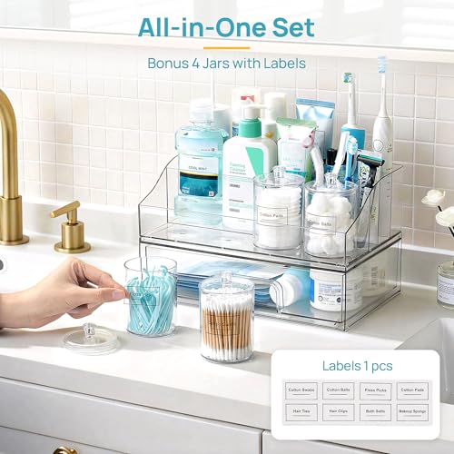 Vtopmart 6 PCS Bathroom Countertop Organizer, 1 Divided Tray with 4 Qtip Holder Jars and 1 Drawers, Restroom Clear Organizers for Toothbrush, Cotton Pads, Vanity Accessories Storage Set - color: Clear