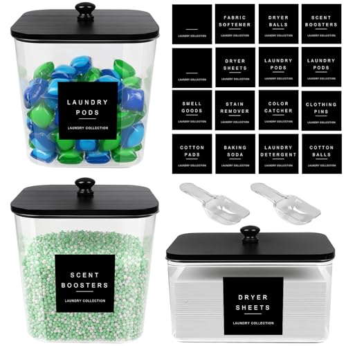 POLRAI 3 Pack Laundry Pod Containers and Dryer Sheet Holder with Bamboo Lids and Labels Laundry Room Organization Containers for Scent Booster Powder Detergent Pods Storage - color: Black, size: 2+1 Pack