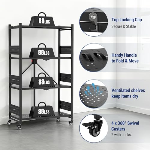 WORKPRO 4-Tier Folding Shelf, No-Assembly Metal Storage Rack with Wheels, 600 lbs Capacity (with Leveling Feet), Collapsible Shelving Unit for Kitchen, Pantry, Bathroom & Closet Organization - size: 4-Tier