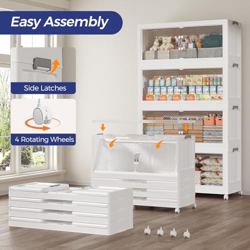 160Gal/640QT 4-Tiers Extra Large Stackable Storage Bins with Lid, Collapsible Cabinet Closet Organizer Plastic Container Box with Wheels Doors Drawers for Office Dorm Kitchen, White - color: White, size: 40Gal-4Pack