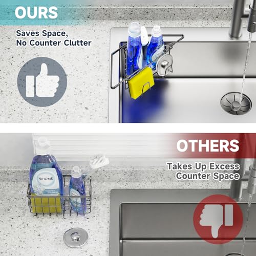 NiHome Extendable Arm Stainless Steel Kitchen Sink Corner Caddy, Easy Install Space-Saving Adjustable Sponge Holder, Non-Slip Rust-Resistant for Brushes, Soap, Sponges (Black) - color: Black