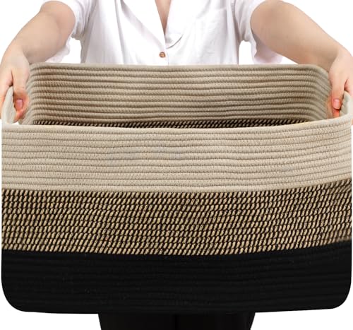 Optish 75L Large Blanket Basket, Woven Storage Baskets with Reinforced Handles, Rope Laundry Basket for Living Room, Bedroom, Nursery, Toys, Clothes, Pillows, 22” x 17” x 11.5”, Black & Brown - color: Black & Brown, size: 22" x 17" x 11.5"(75L)