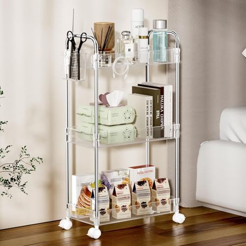 SPACEKEEPER 3 Tier Acrylic Storage Rolling Cart Clear Bathroom Cart Organizer, Transparency Laundry Room Organization Mobile Shelving Unit Multifunction Rolling Utility Cart for Office Living Room - size: 3 Tier