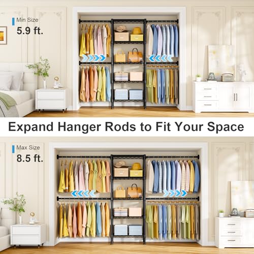 Ulif M2 Wall Mounted Closet System, Clothes Rack Mounted onto the Wall with 4 Expandable Hanger Rods and 5 Metal Shelves, Clothing Organizer Storage in (70.8-102.3)" L x 14.5" D x 71.2" H, Black - color: Black, size: M2