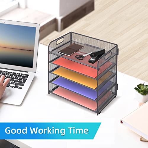 Supeasy 5 Trays Paper Organizer Letter Tray with Handle-Mesh Desk File Organizer, Grey Paper Sorter Desk Organizer for Office, Home or School - color: Softgray