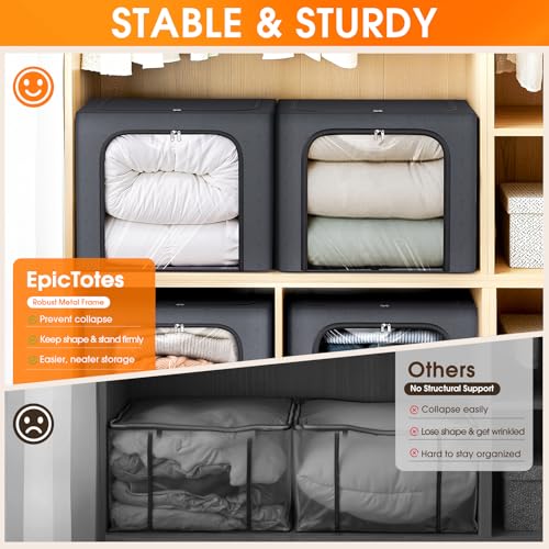 4 Pack Clothes Storage Bins with Metal Frame, 40L Foldable Fabric Storage Boxes with Clear Window, Front & Top Zipper Openings, Stackable Organizer Bins with Handles for Closet & Bedroom (Light Grey)