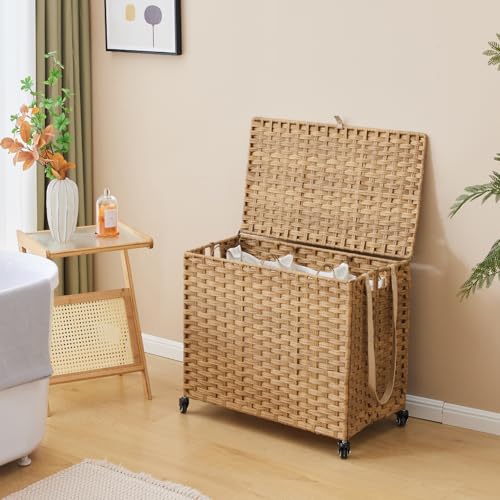 Laundry Hamper with Wheels, 34.3 Gallon(130L) Rolling Laundry Basket with Lid, 3-Section Rattan Clothes Hamper with 3 Removable Liner & 3 Mesh Bags, Laundry Sorter with Side Pocket, Natural - color: Natural, size: 130L（23.62 x 15.75 x 21.65 Inches）