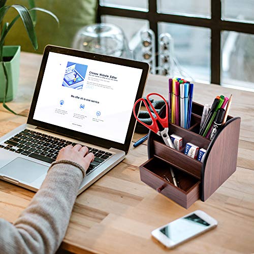 Siveit Wooden Desktop Organizer with Drawer, Multifunctional Office Supply Storage - Remote Control Caddy Holder