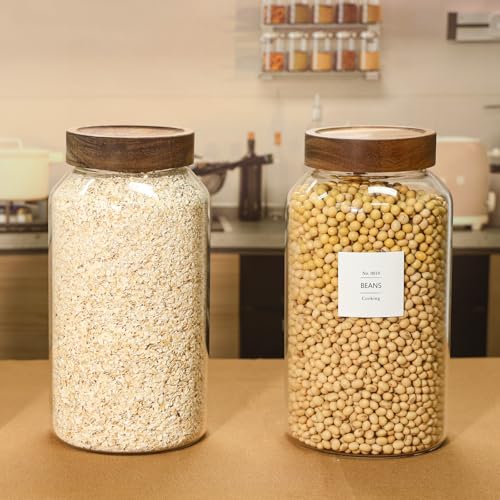 KEYWING 88oz Large Glass Jars with Airtight Acacia Wood Lids, Set of 3 Food Storage Containers for Flour, Sugar, Rice, Pasta, Cereal, Cookies – Includes 126 Labels - size: 88 Fl.oz