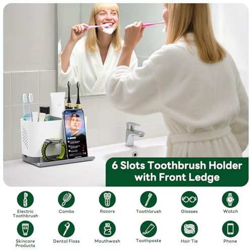 Toothbrush Holders for Bathrooms, Adjustable 6 Slots Electric Toothbrush and Toothpaste Holder, Cord-Friendly Detachable Bathroom Countertop Organizer with Front Ledge for Phone and Ring Holder - color: Grey and White