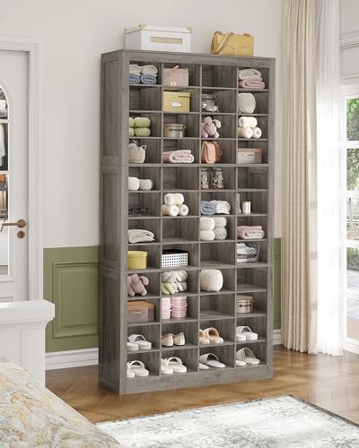 Hzuaneri Shoe Storage Cabinet, 48 Pairs Free Standing Closet Organizer, 9 inch Widened Cell Wood Shoe Organizer, 12 Tiers Vertical Space Saving Shoe Rack for Entryway, Cloakroom, Greige SR39605X - color: Greige, size: 48 Pairs