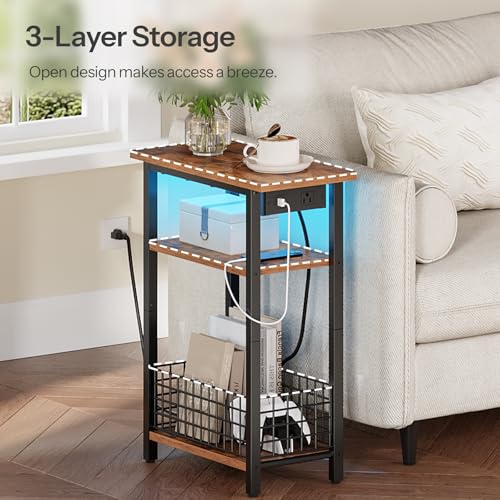 HOOBRO Narrow Side Table with Charging Station and LED Light, Small End Table with Storage, Skinny Nightstand with USB Port, Slim Bedside Table for Small Spaces, Living Room, Rustic Brown BF242UDBZ01 - color: Rustic Brown + Black