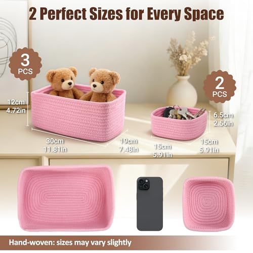 5-Pack Small Woven Rope Storage Baskets – 2 Sizes Organizer Bins for Closet, Shelf, Bookshelf, Nursery, Changing Table, Fabric Cube Boxes, Rectangular Shallow Bins for Bathroom, Toy & Home - color: Pink