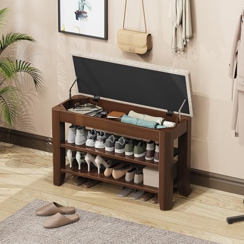 Shoe Bench for Entryway, Solid Rubberwood Shoe Bench with Hidden Storage, Adjustable 2-Tier Shelves & Soft PU Leather Seat, Shoe Rack Durable Easy Assembly for Hallway or Bedroom - Beige, 31.5" - color: Beige, size: 31.52"W x 11.82"D x 20.47"H
