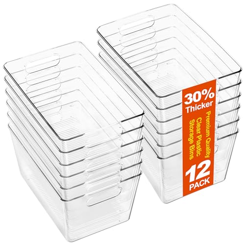 12 Pack Large Clear Plastic Storage Bins, Refrigerator Cabinet Organizers with Handles for Pantry Organization and storage, Perfect for Home Organization, Kitchen, Laundry, Office& Garage - size: 12 Large & 0 Small
