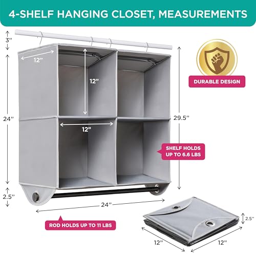 HOLDN’ STORAGE Hanging Closet Organizer with Garment Rod – Heavy Duty 4-Shelf Hanging Shelves for Clothes, Sweaters & Shoes, Reinforced 600D Fabric Storage Unit with Built-in Clothing Rod, Grey - size: 4 Shelves