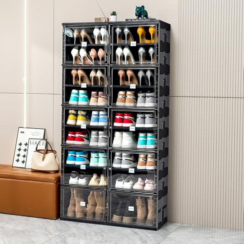 JEKO&JEKO 9 Tiers Foldable Boot Storage Shoe Rack Cabinet for Closet Entryway, Large Collapsible Shoe Organizer with Magnetic Doors (Black) - color: Double-row, size: 9 Tiers