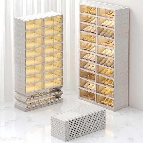 10-Tiers Shoe Rack Organizer with Doors, Foldable Storage Cabinet Holds 40 Pairs, Stackable Plastic Shelf for Closet, Entryway, Living Room, Collapsible Easy Assembly Large - size: 10 Tiers 40 Pairs