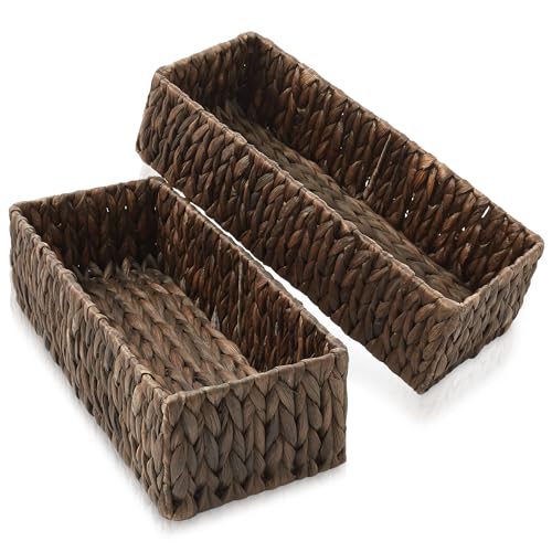 Casafield Set of 2 Bathroom Storage Baskets, Espresso - Water Hyacinth, 16" W x 6.75" D x 4.25" H, Woven Toilet Tank Topper Bins for Organizing Tissues, Toilet Paper, Toiletries, Shelves - color: Espresso - Hyacinth, size: 16" x 6.75" x 4.25"