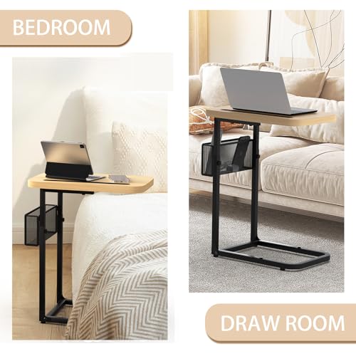 Fashion TV Tray Table with Large Tabletop, Adjustable Sofa Table with Storage Baskets, Strong Metal Frame, Tv Dinner Tray Table for TV Watching, Meals, Snacks (Square, Beige, 16.93inch x 12.6inch)
