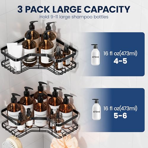 MAXIFFE 3 Pack Corner Shower Caddy with Soap Holder, Large Capacity Sturdy Adhesive Stainless Steel No Drilling Shower Organizer Shelves Rack Storage Inside Shower for Bathroom Family Renters, Black - color: Black XL
