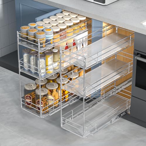 ROOMTEC Pull Out Spice Rack for Narrow Cabinet (8" W X 20½" D),3 Tier Heavy Duty Sliding Spice Cabinet Organization Shelf Racks, Pull Out Shelves Under Cabinet Storage for Kitchen - size: 8" W x 20½" D, 3 Tier, Heavy Duty