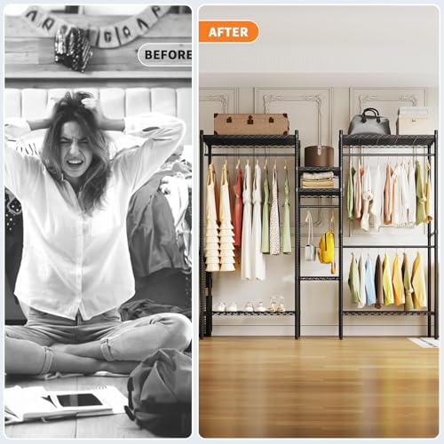 GarveeHome Heavy Duty Metal Clothes Rack – Adjustable Shelves, Freestanding Portable Wardrobe Organizer, Commercial Closet System for Garment Storage, Max Load 1210 LBS, Black – 86.2 x 17.3 x 76.4