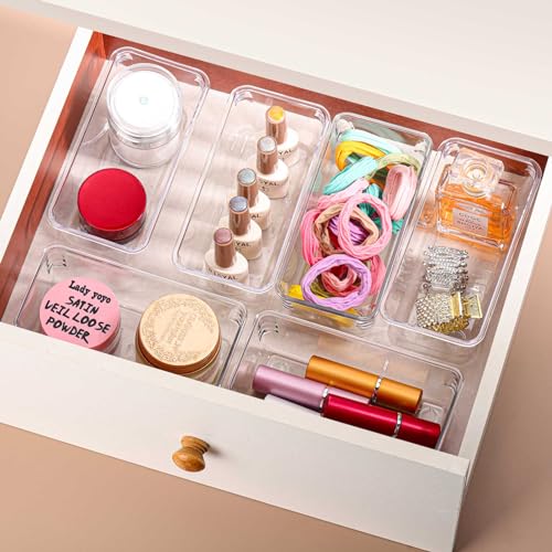Ohlove 6Pcs Clear Plastic Drawer Organizers Tray 6" x 3" Storage Bins with 25Pcs Non-slip Pads for Makeup, Jewelries, Kitchen Utensils, Bathroom and Office - size: 6"x3"