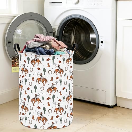 Collapsible Fabric Storage Basket, Waterproof Laundry Hamper with Handles, Round Storage Bin for Clothes Toys, Foldable Organizer for Bedroom Nursery Bathroom(Round-Cowboy) - color: Round-Cowboy